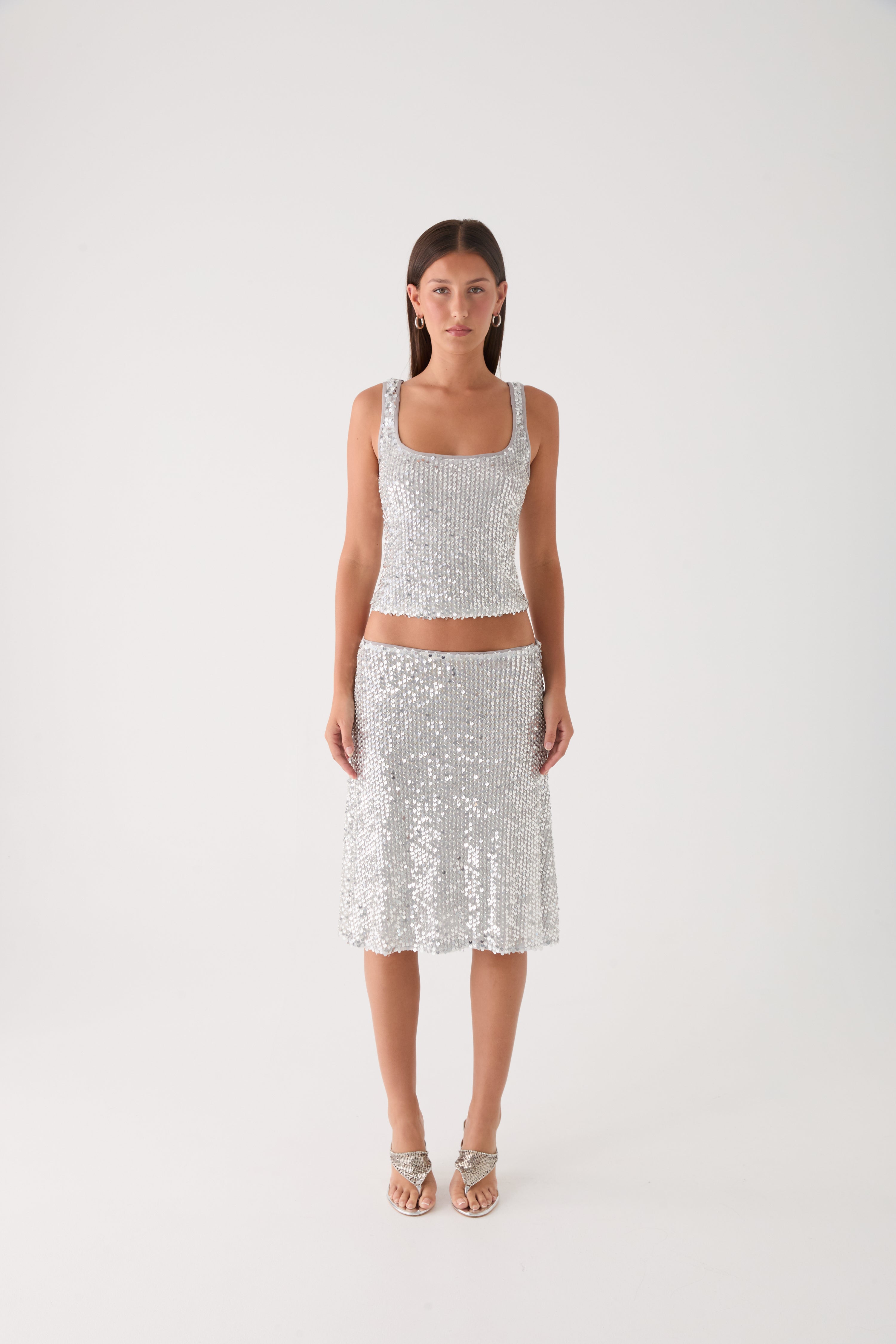 Evodia Sequin Midi Skirt - Silver