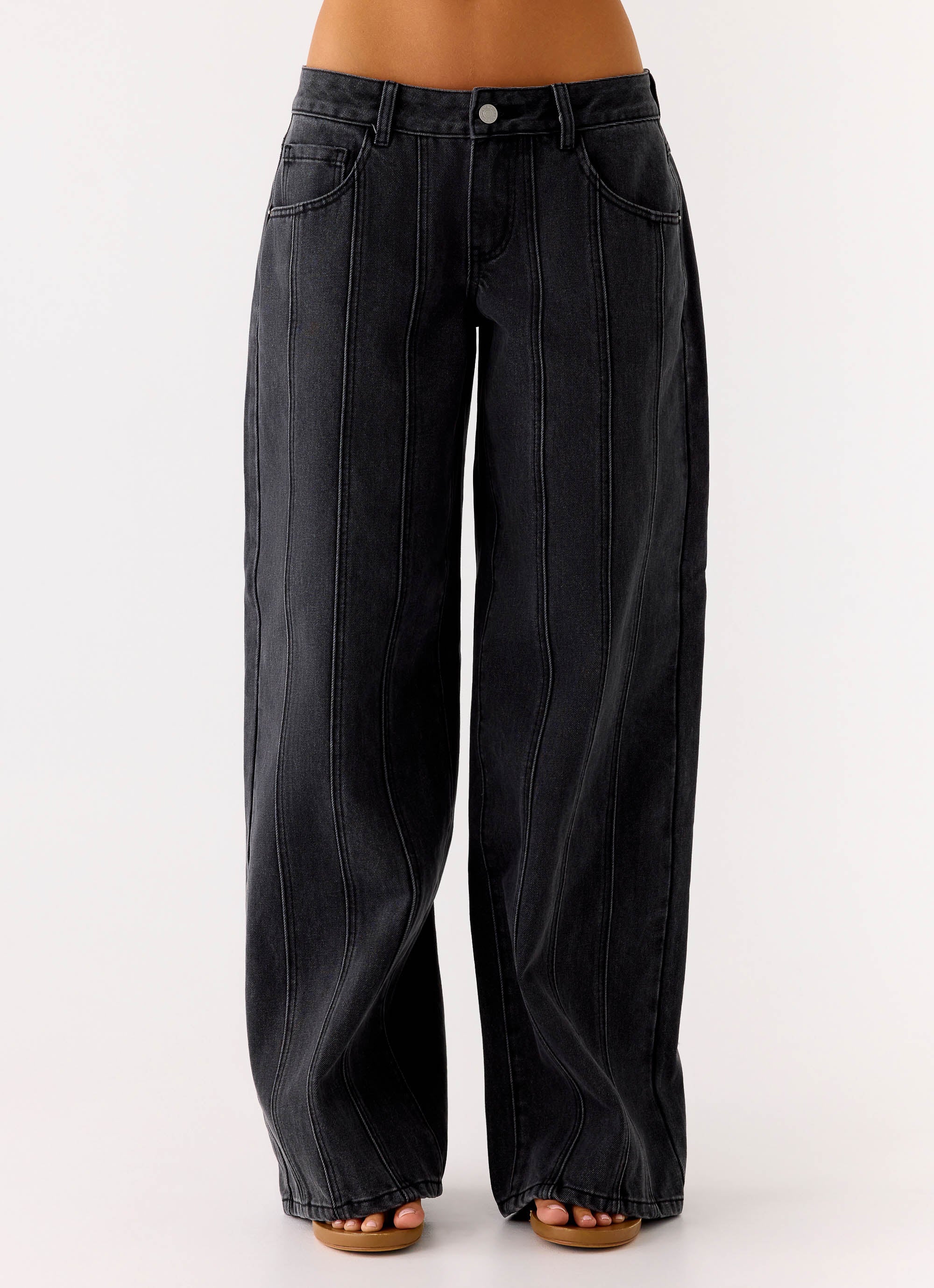 Johnny Low Rise Wide Leg Denim Jeans - Grey Charcoal