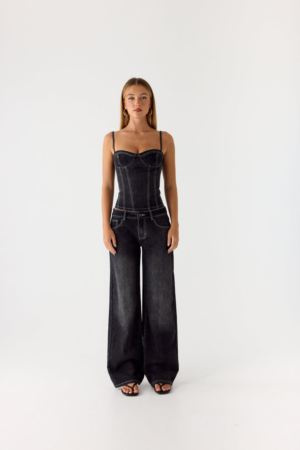 Nathan Denim Corset Top - Washed Black